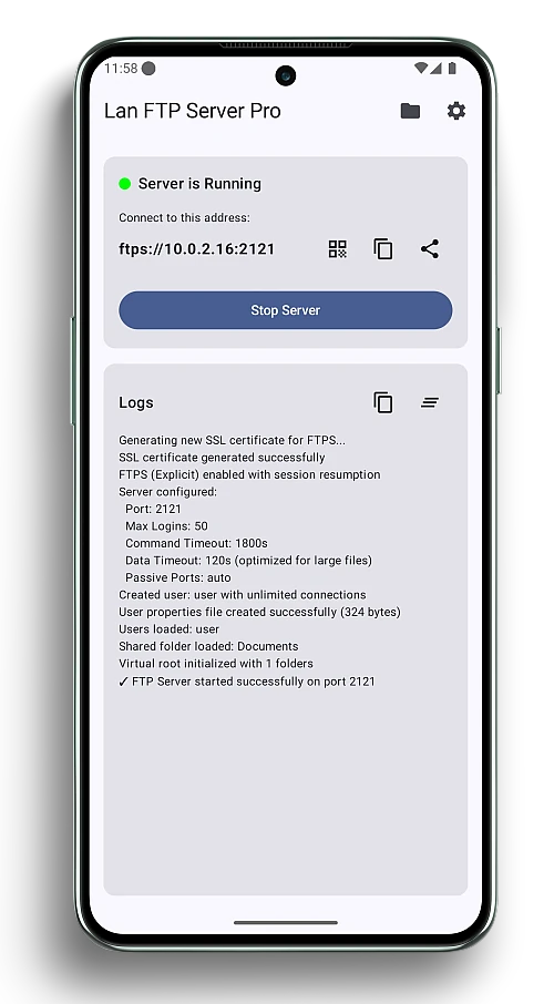 Screenshot of the LanFTPServerPro app on an Android phone showing the server status and connection details.