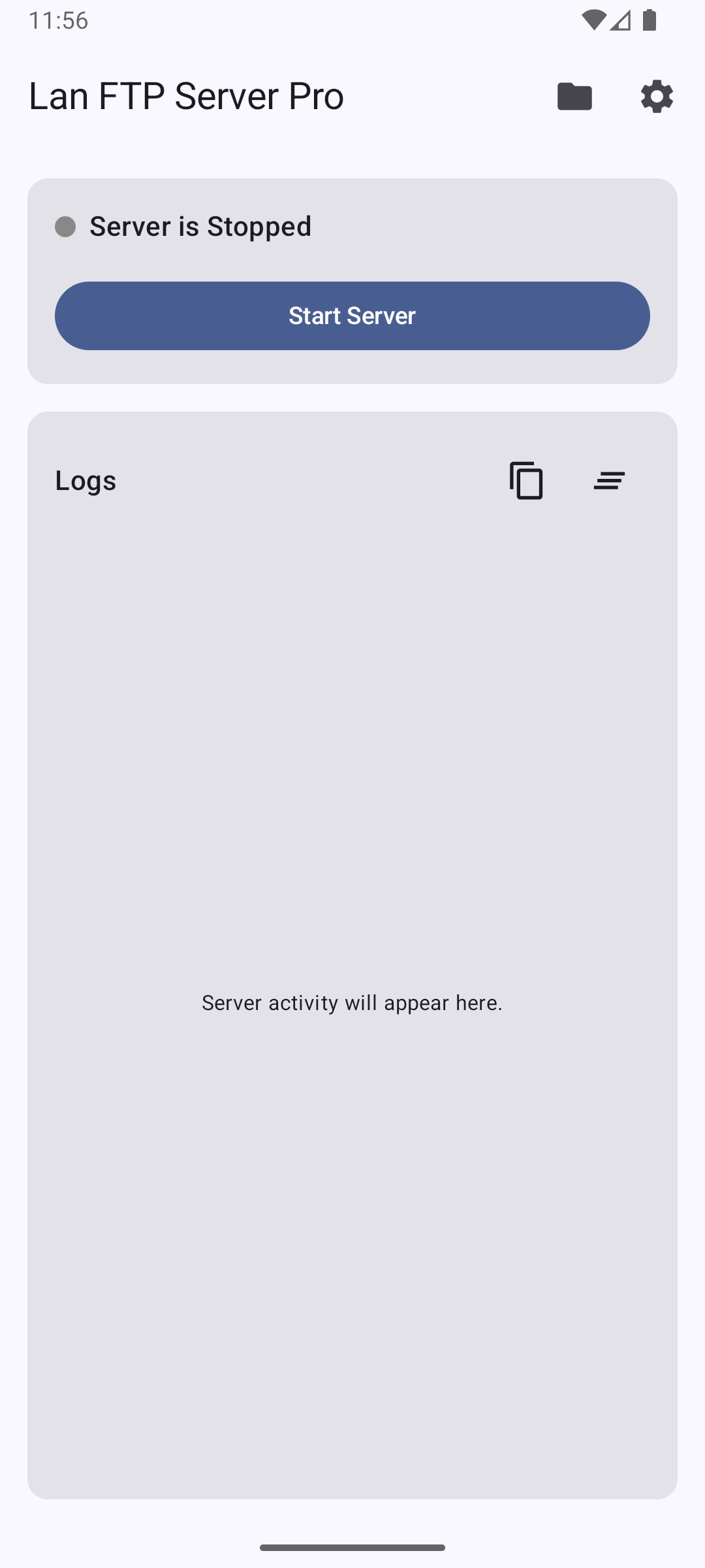 Home screen of LanFTPServerPro - Server Stopped