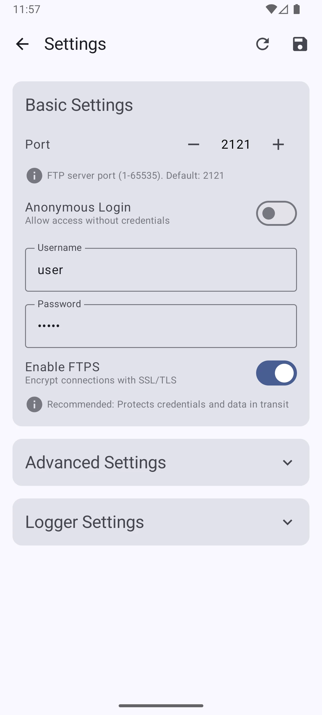 Settings screen of LanFTPServerPro