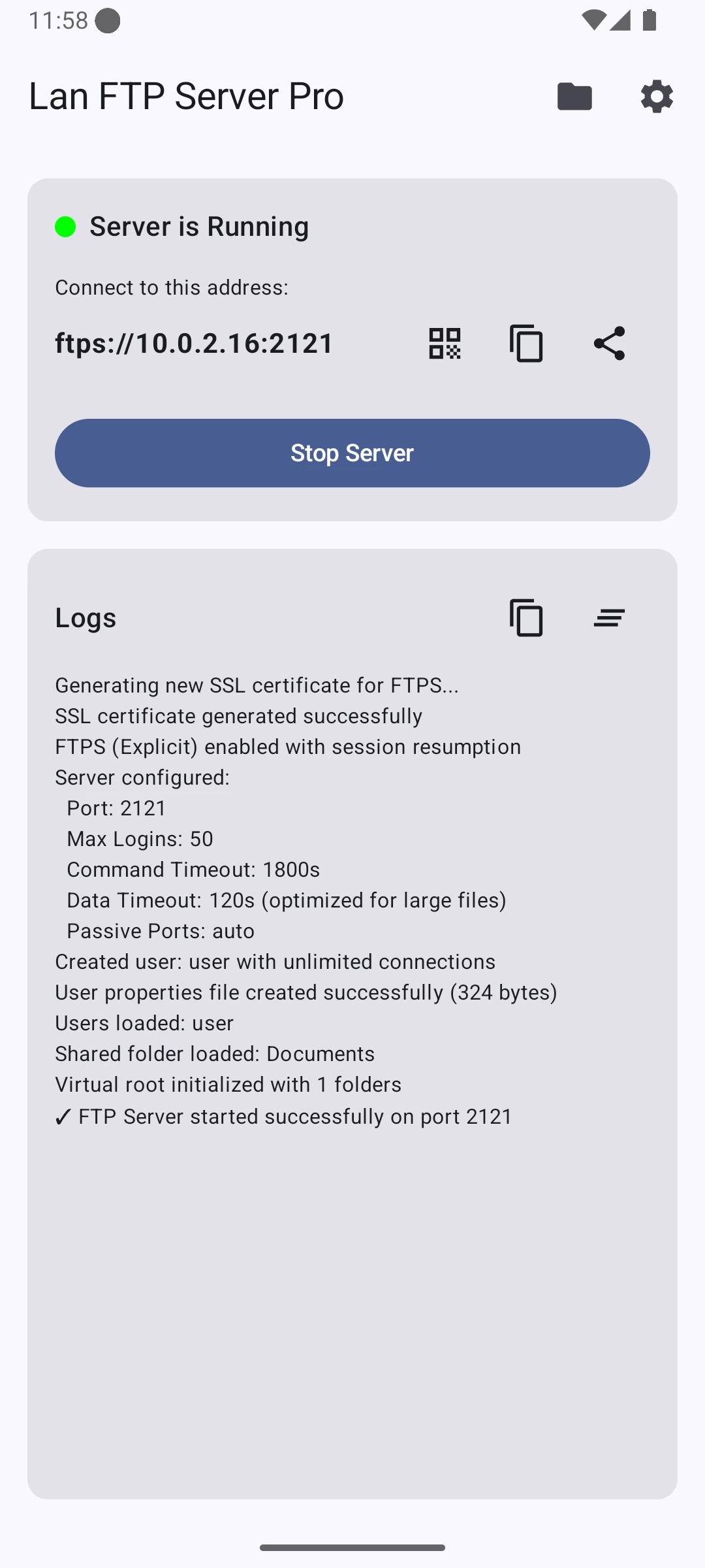 Home screen of LanFTPServerPro - Server is Running
